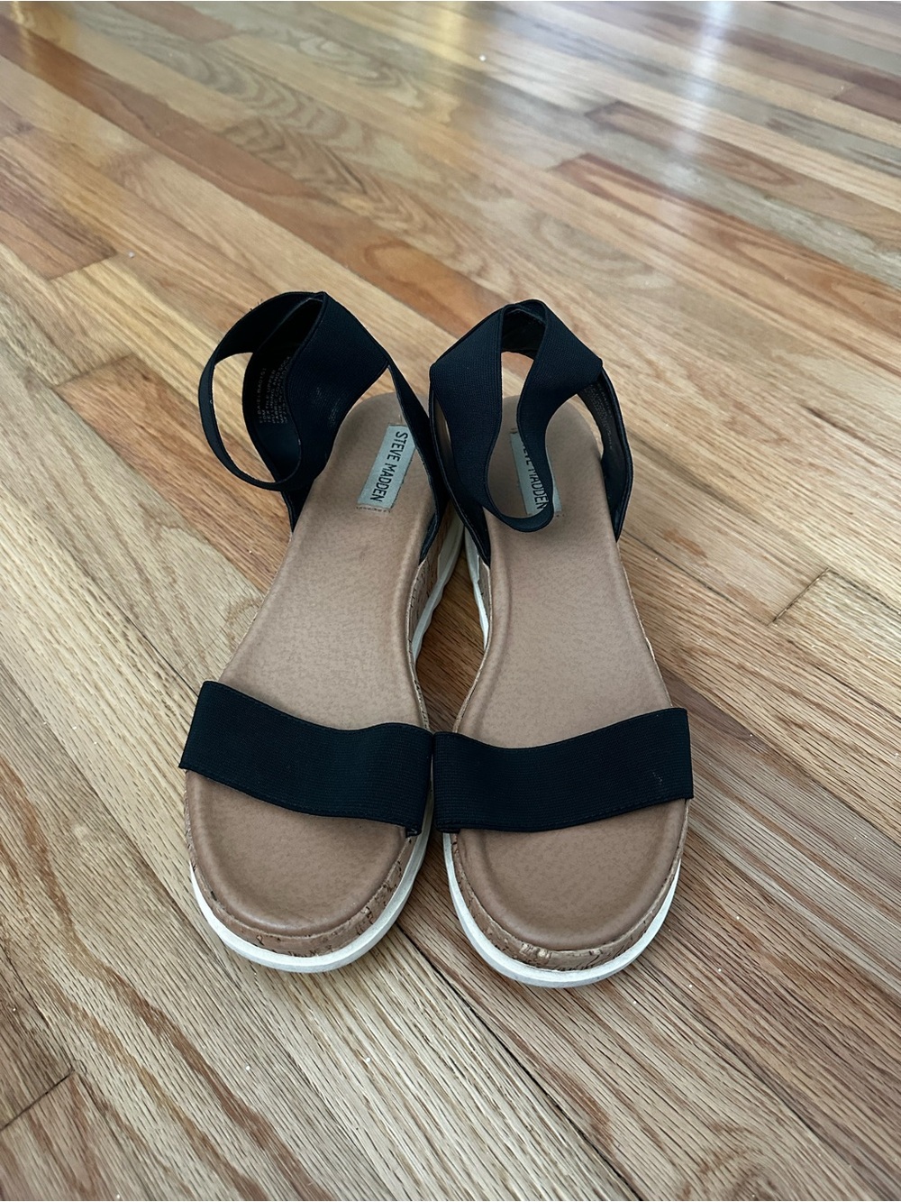 Steve Madden Black Elastic Strap Sandals with Tan Footbed